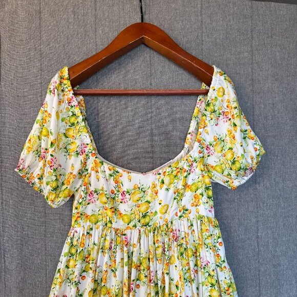 Lavender Brown Lemon Print Square Neck Puff Sleeve Empire Waist Long Midi Dress - Picture 9 of 14